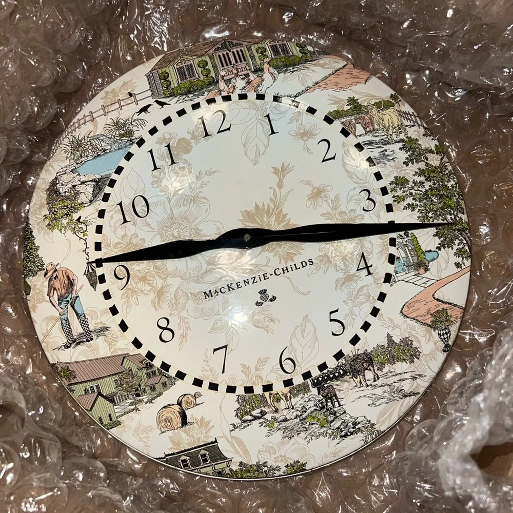 Large MacKenzie-Childs Country Farm Cottage Scenic Cream and Black Wall Clock